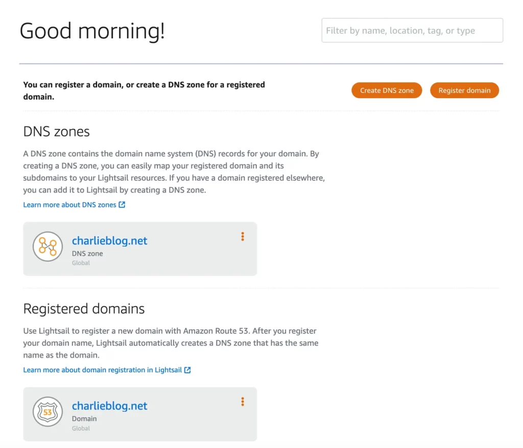 dns menu on amazon lightsail home after creating dns zone